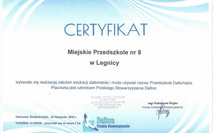 Miejskie Przedszkole nr 8 otrzymało certyfikat przedszkola daltońskiego