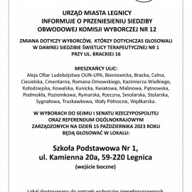Komunikat o zmianie siedziby Obwodowej Komisji Wyborczej Nr 12