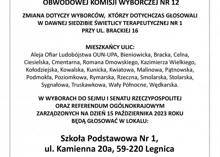Komunikat o zmianie siedziby Obwodowej Komisji Wyborczej Nr 12