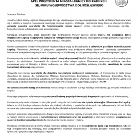 powiększ zdjęcie: Apel Prezydenta Miasta Legnicy do Radnych Sejmiku Województwa Dolnośląskiego