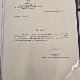 powiększ zdjęcie: Tomasz Strojek powołany do Krajowej Rady Rzeczników Konsumentów. Gratulujemy