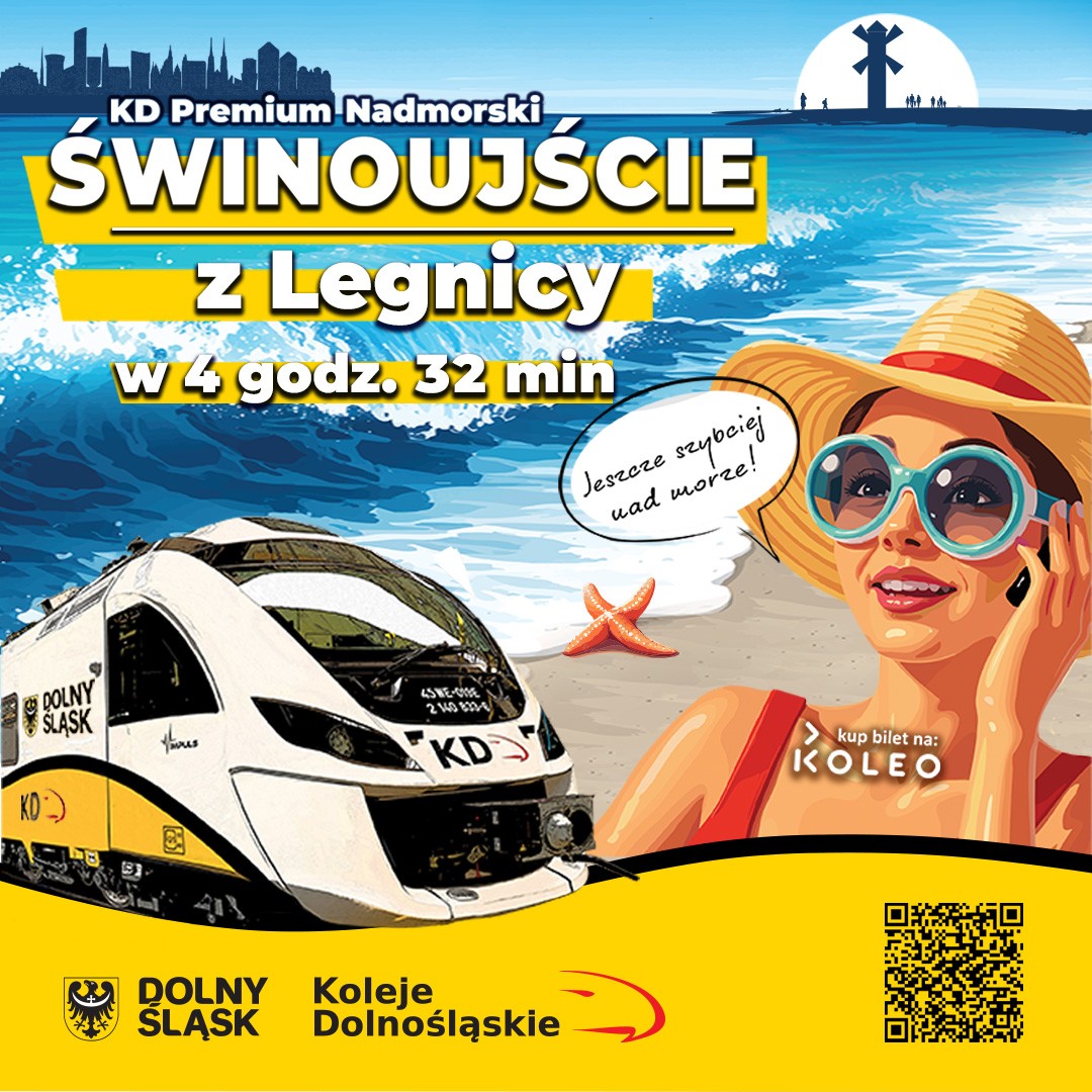 Grafika przedstawiająca pociąg KD Premium Nadmorski Świnoujście z Legnicy.