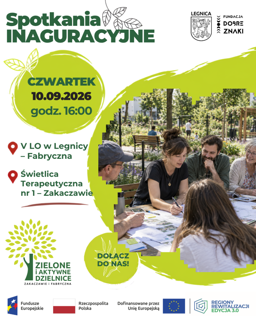Plakat informacyjny zielone dzielnice - spotkania inauguracyjne w czwartek 10 września o godz. 16 w V liceum ogólnokształcącym i Świetlicy terapeutycznej nr 1