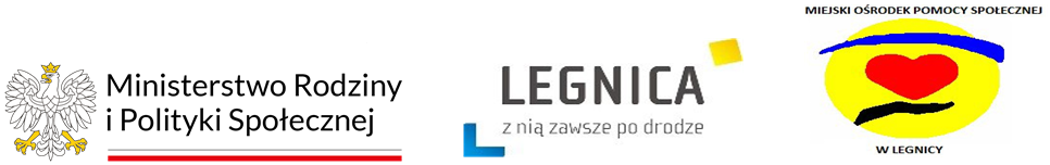 Lotyp Miisterstwa Rodziny i polityki Społecznej, logotyp Legnica z nią zawsze po drodze, logotyp Miejskiego Ośrodka Pomocy Społecznej w Legnicy