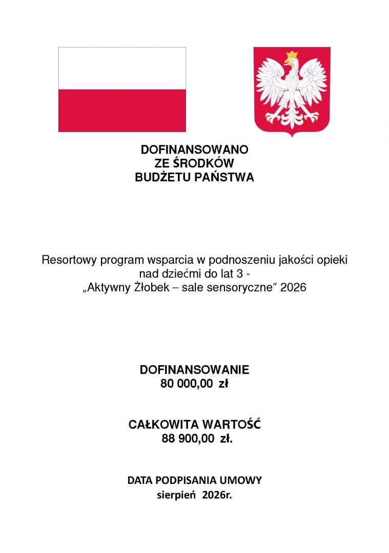 Tablica informacyjna - „Aktywny Żłobek – sale sensoryczne” 2026 dla Żłobka nr 3 ul. Anielewicza 10