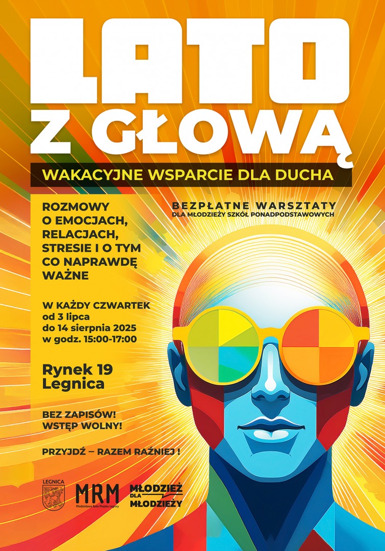 plakat informacyjny Lato z głową, każdy czwartek od 3 lipca do 14 sierpnia, Rynek 19
