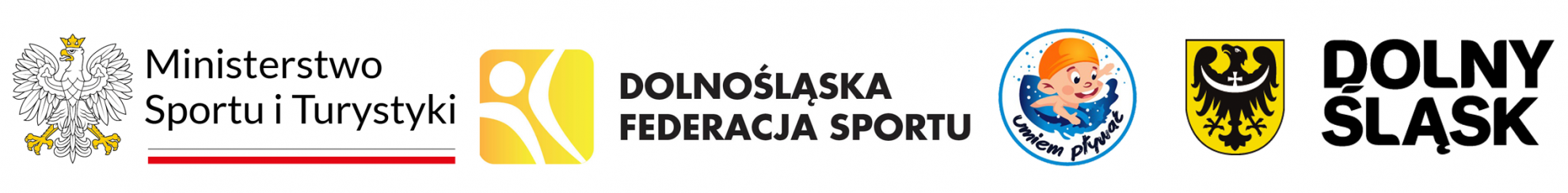 Logotypy: Ministerstwo Sportu i Turystyki, Dolnośląska Federacja Sportu, Umiem pływać, Dplny Śląsk