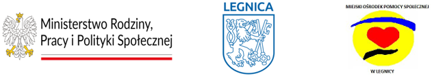 Baner - loga projektu Logo Ministerstwa Rodziny Pracy i Polityki Społecznej, herb MIasta Legnicy, logo Miejskiego Ośrodka Pomocy Społecznej w Legnicy