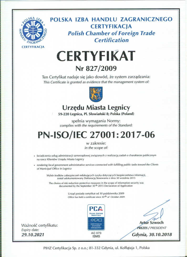 certyfikat ISO 27001 dla Urzędy Miasta Legnicy