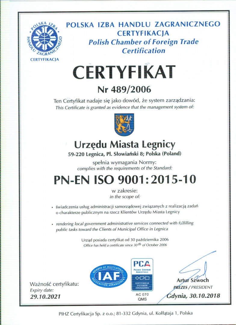 certyfikat ISO 9001 dla Urzędy Miasta Legnicy