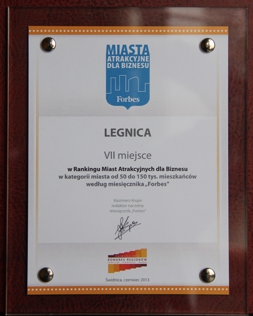 Legnica wyr&oacute;żniona na  IV Og&oacute;lnopolskim Kongresie Region&oacute;w              