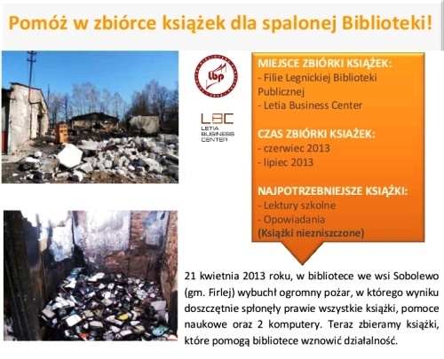 Apel Legnickiej Biblioteki Publicznej i Letia Business Center  o zbiórkę książek dla Sobolewa