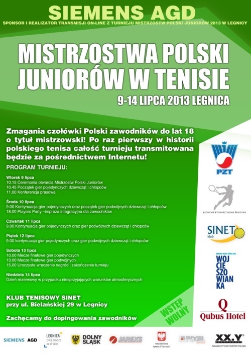 W Legnicy Mistrzostwa Polski Junior&oacute;w w Tenisie 9-14 lipca 2013