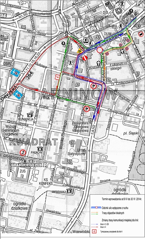 schemat zmian organizacji ruchu na skrzyżowaniu ul. Jaworzyńskiej z Muzealną, Skarbka i Gwarną oraz na jej odcinku do ulicy Szkolnej 